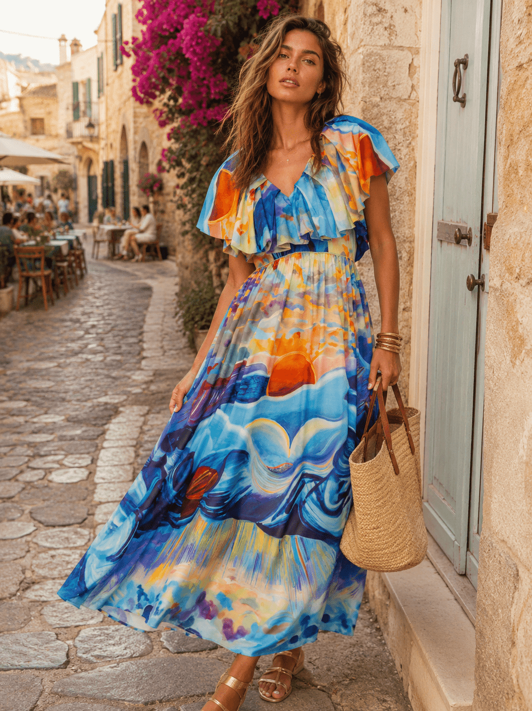 BEULAH WOMEN'S SHORT SLEEVE FRONT POCKETS RUFFLE MULTI PRINT MAXI DRESS