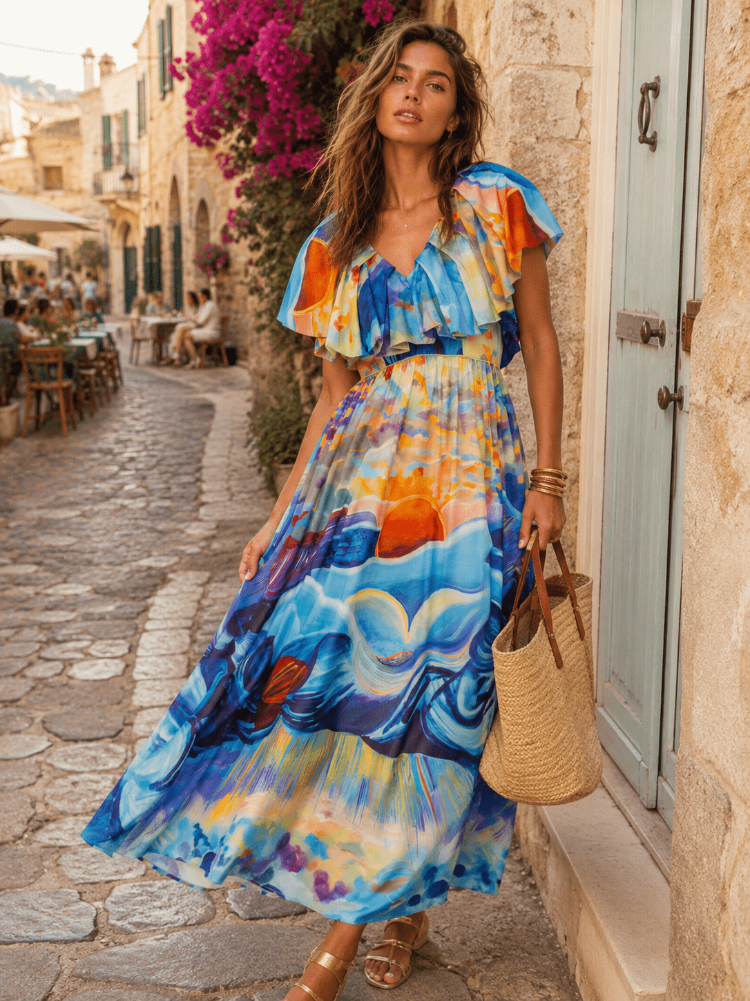 BEULAH WOMEN'S SHORT SLEEVE FRONT POCKETS RUFFLE MULTI PRINT MAXI DRESS