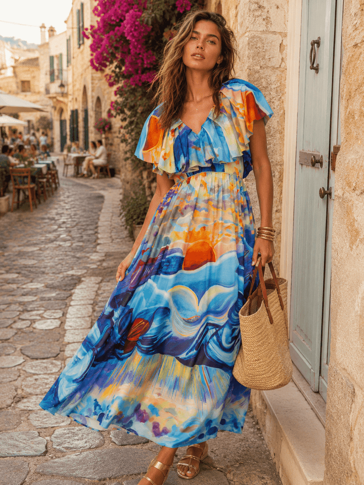 BEULAH WOMEN'S SHORT SLEEVE FRONT POCKETS RUFFLE MULTI PRINT MAXI DRESS