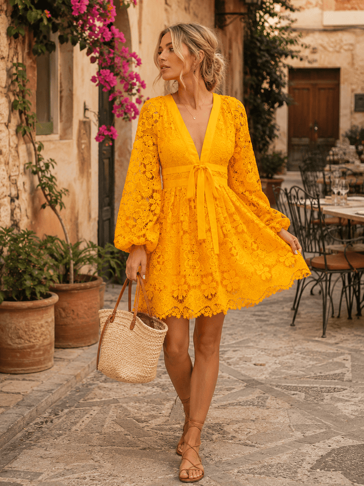BEULAH WOMEN'S LONG SLEEVE V-NECK CROCHET MINI DRESS