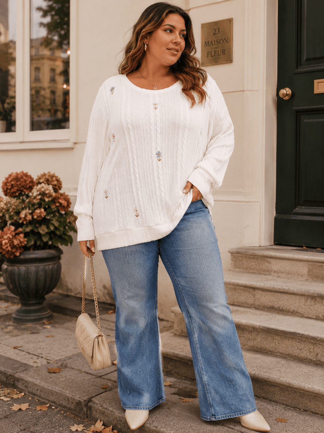 PLUS SIZE LONG SLEEVE EMBROIDERY FLORAL PULLOVER SWEATER