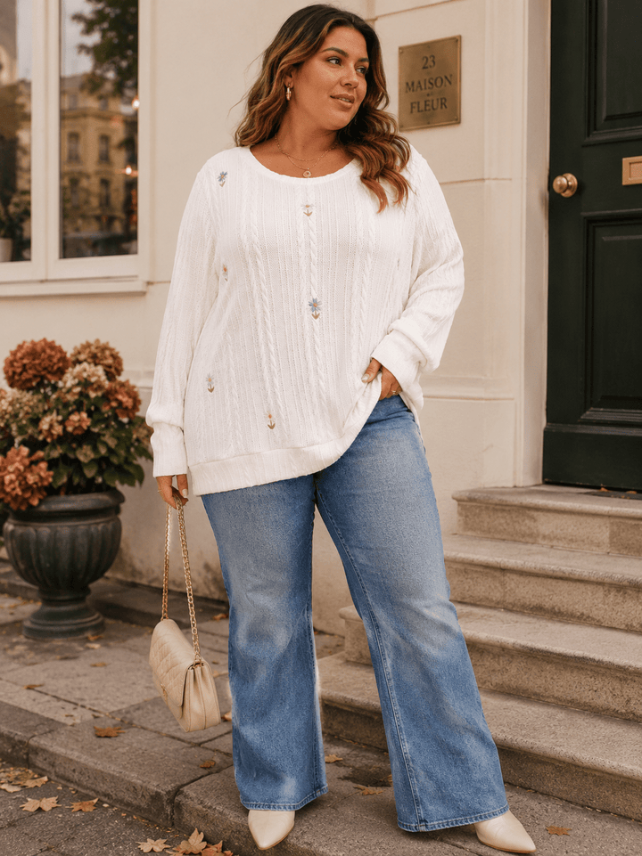 PLUS SIZE LONG SLEEVE EMBROIDERY FLORAL PULLOVER SWEATER