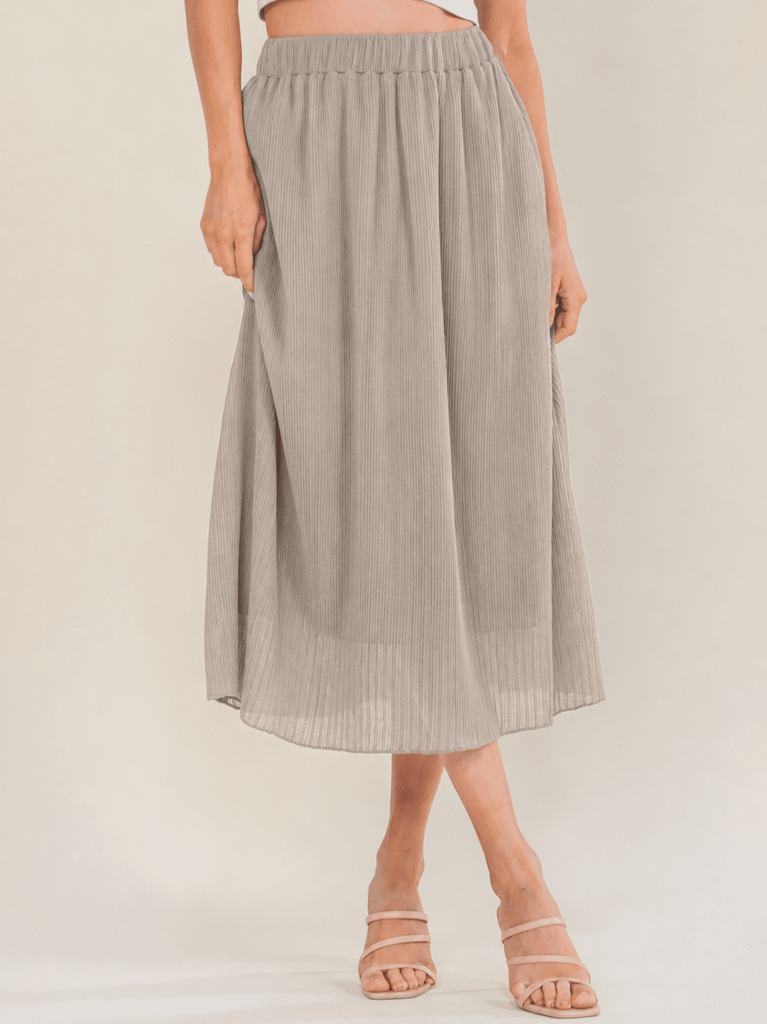 WOMEN'S ELASTIC WAIST POCKETS PLEATED MIDI SKIRT