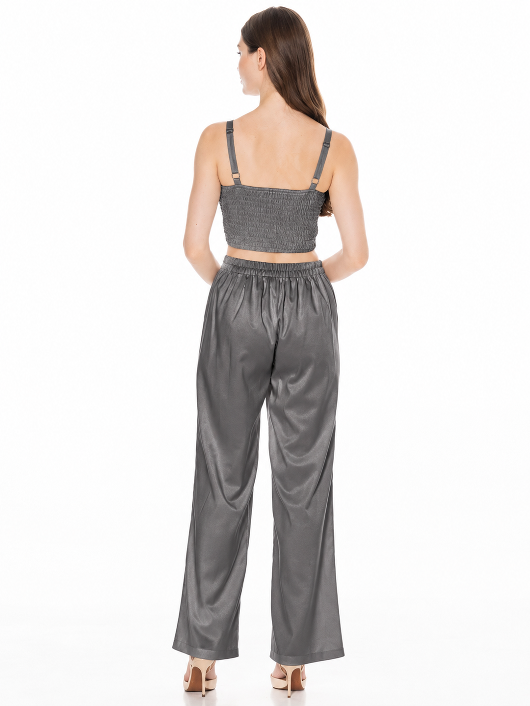 WOMEN'S SLEEVELESS SMOCK CROP TOP & ELASTIC WAIST PANTS DETAILED 2PC. SET