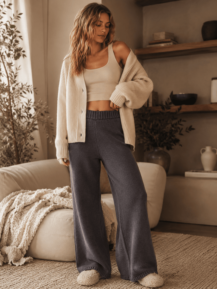 WOMEN'S ELASTIC WAIST KNIT WIDE LEG PANTS