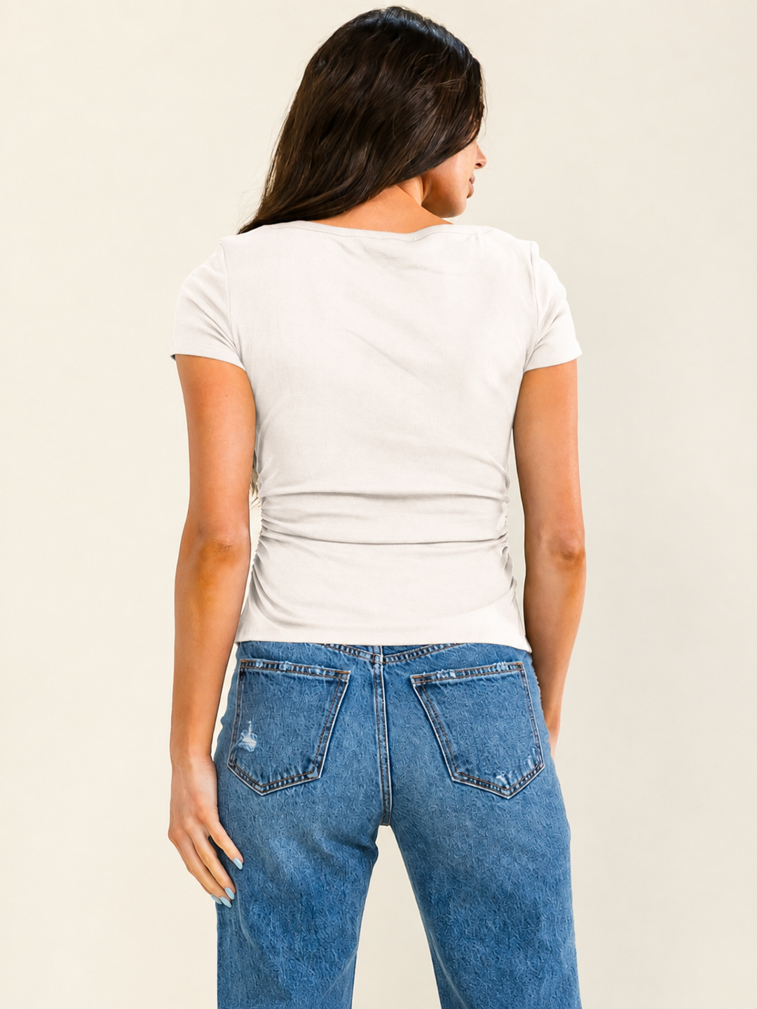 WOMEN'S SHORT SLEEVE SIDE RUCHED BASIC TOP