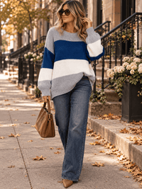 WOMEN'S LONG SLEEVE KNIT COLORBLOCK PULLOVER SWEATER