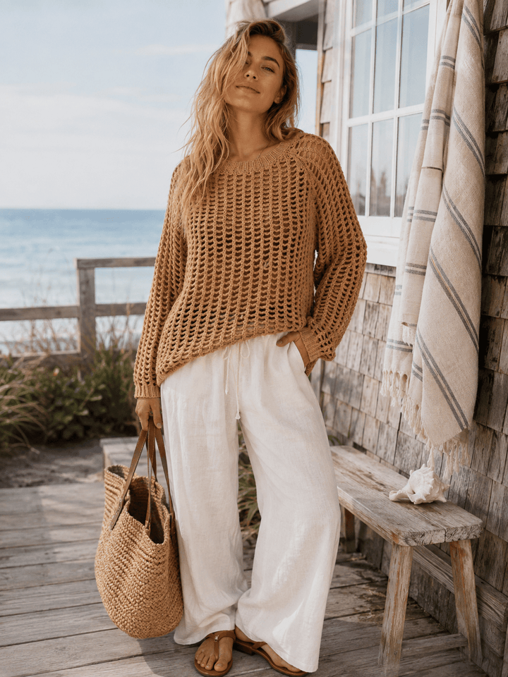 WOMEN'S LONG SLEEVE CROCHET PULLOVER SWEATER