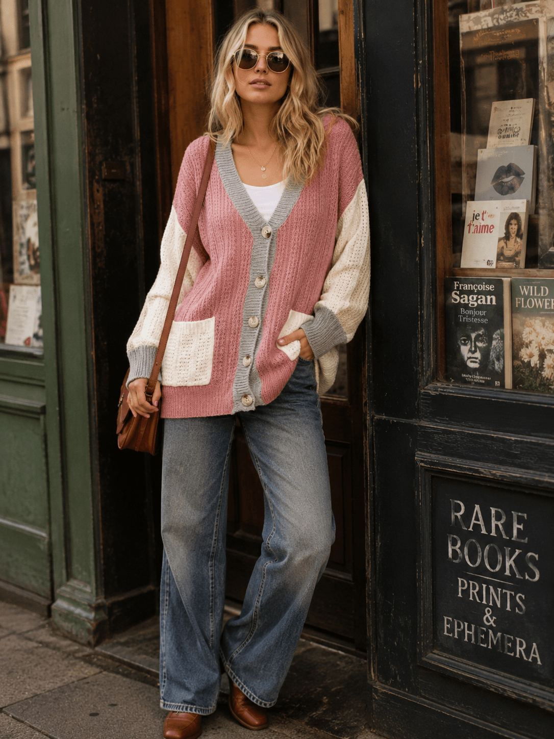 WOMEN'S LONG SLEEVE BUTTON CLOSURE FRONT POCKETS COLORBLOCK KNITTED CARDIGAN