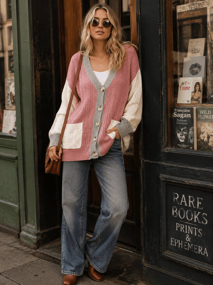 WOMEN'S LONG SLEEVE BUTTON CLOSURE FRONT POCKETS COLORBLOCK KNITTED CARDIGAN