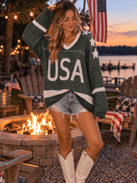 WOMEN'S LONG SLEEVE V-NECK COLORBLOCK PRINT PULLOVER OVERSIZED SWEATER