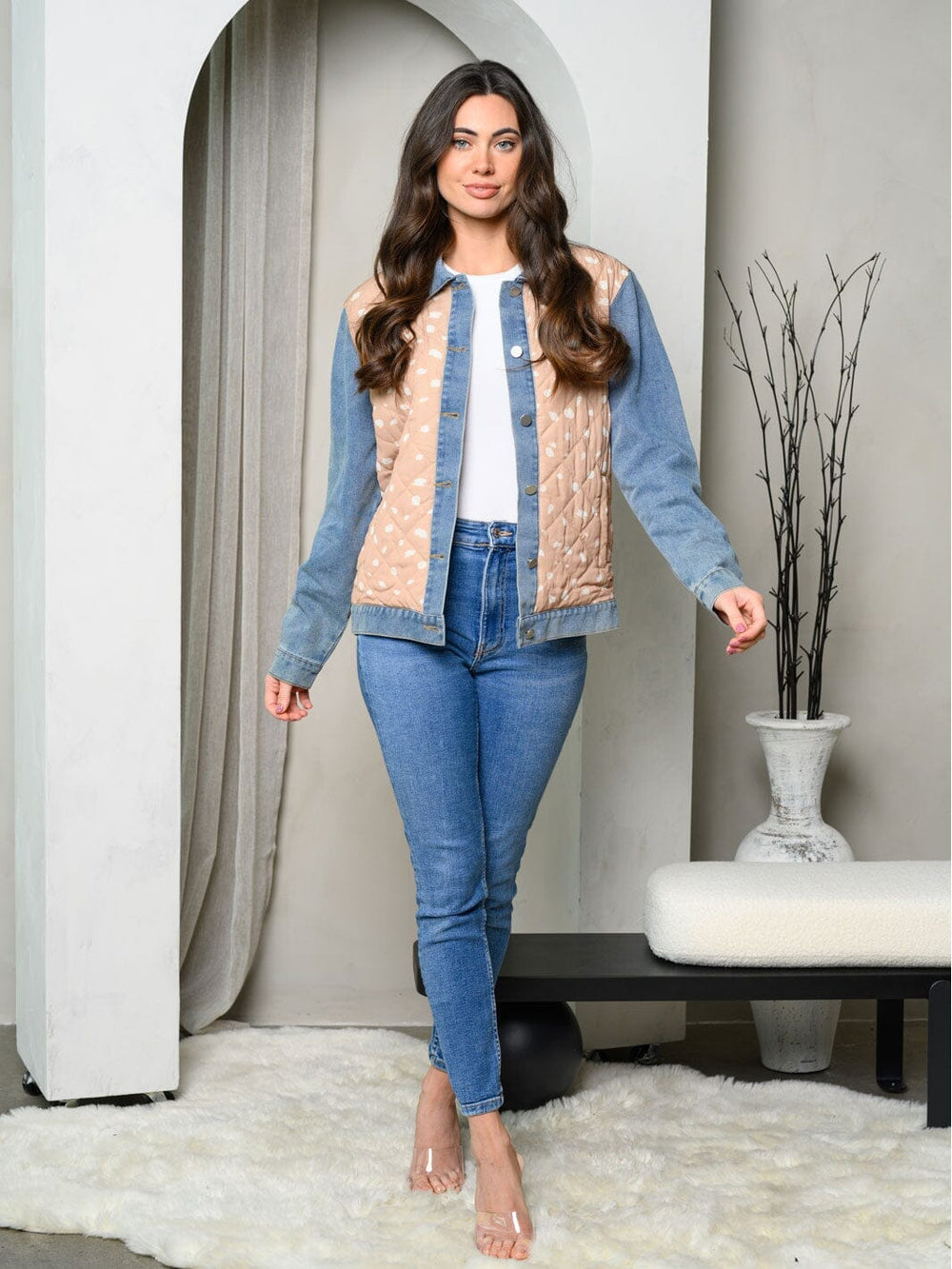 WOMEN'S LONG SLEEVE LEOPARD CONTRAST QUILTED DENIM JACKET