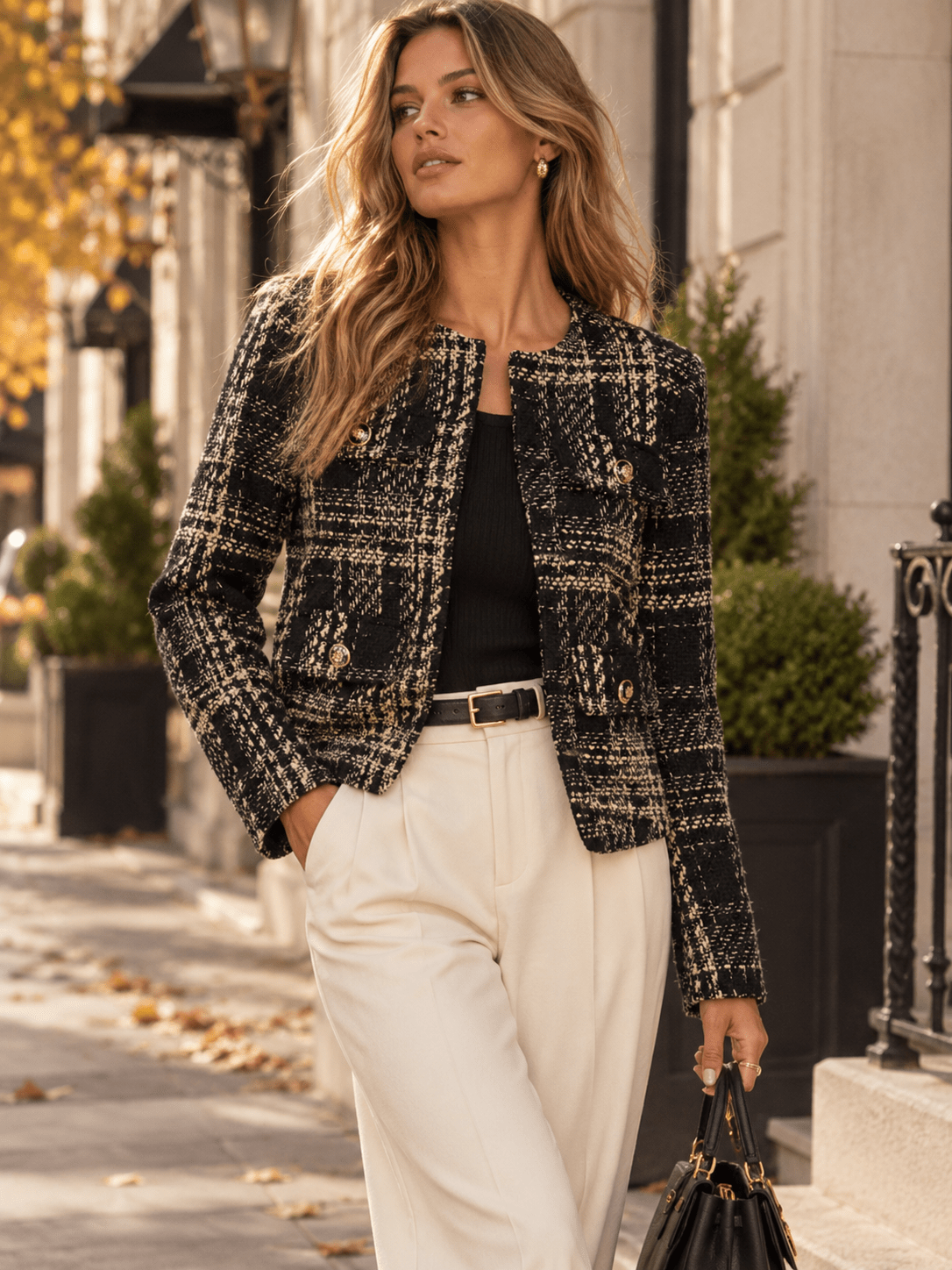 WOMEN'S LONG SLEEVE BUTTON CLOSURE FRONT POCKETS TWEED BLAZER