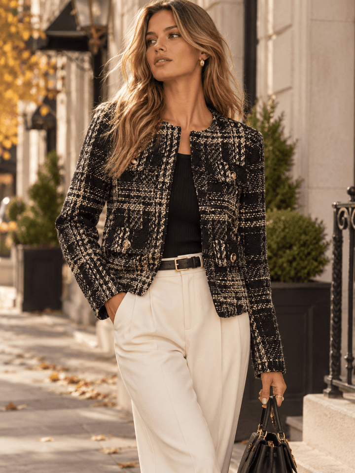 WOMEN'S LONG SLEEVE BUTTON CLOSURE FRONT POCKETS TWEED BLAZER
