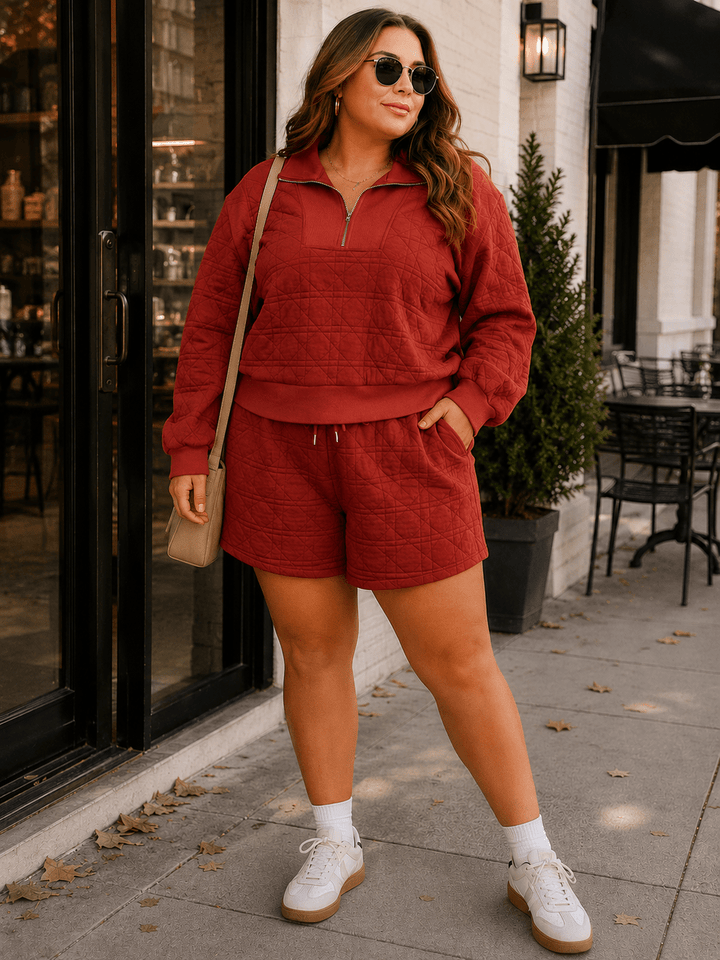 PLUS SIZE LONG SLEEVE SWEATER & ELASTIC WAIST POCKETS MINI SHORT QUILTED 2PC. SET