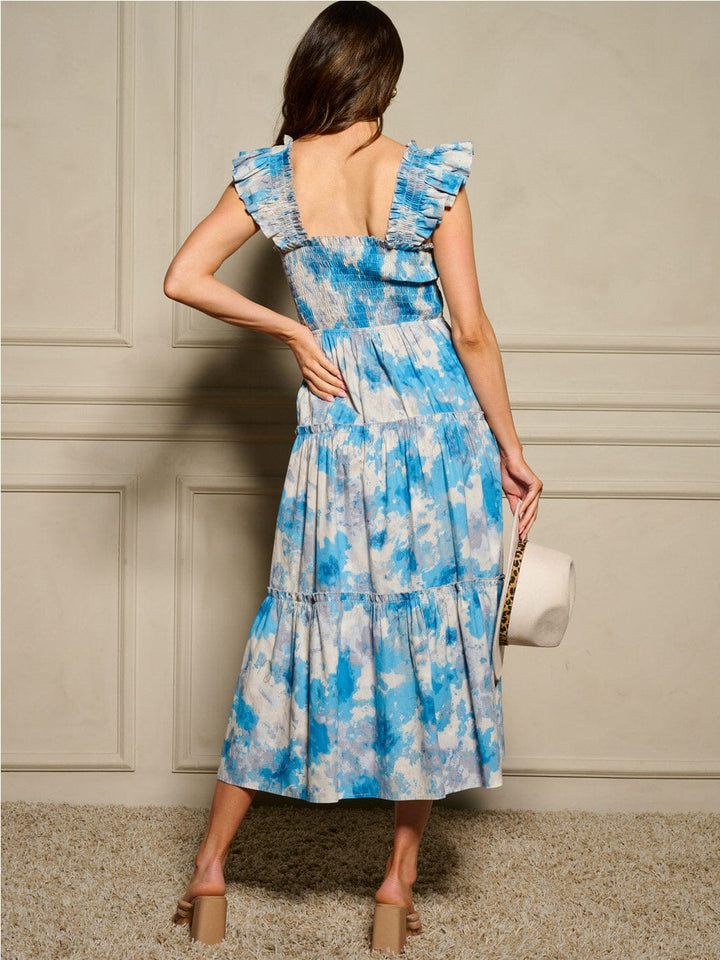 WOMEN'S RUFFLE SLEEVES SMOCK POCKETS TIERED TIE DYE MAXI DRESS