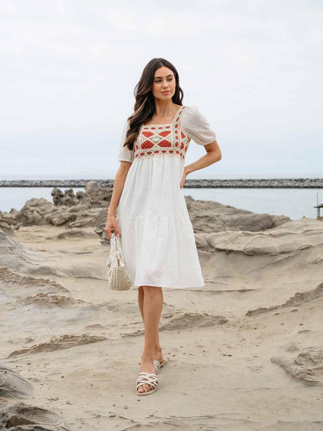 WOMEN'S SHORT SLEEVE KNITTED EYELET MIDI DRESS
