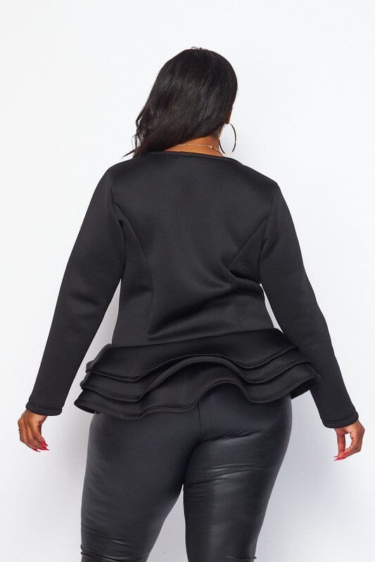 PLUS SIZE LONG SLEEVE BUTTON UP PEPLUM BLOUSE TOP