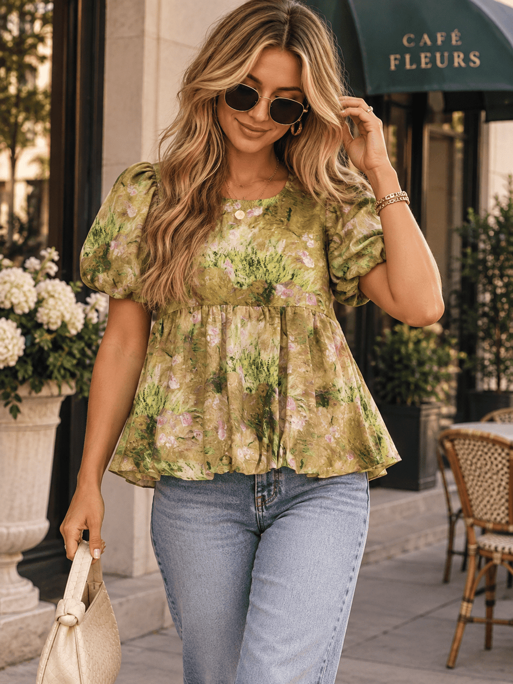 ENTRO WOMEN'S SHORT PUFF SLEEVE MULTI PRINT PEPLUM BLOUSE