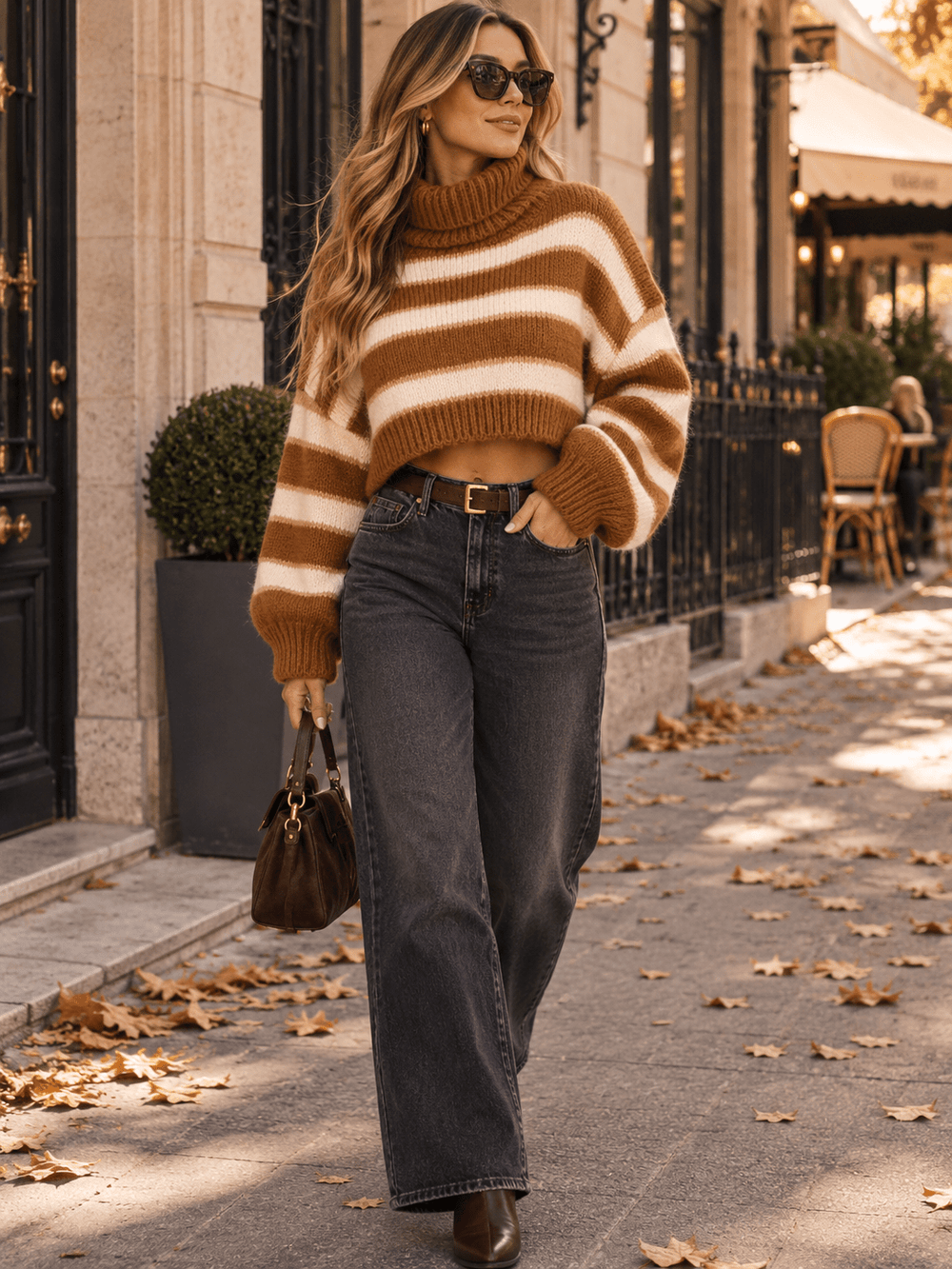 WOMEN'S LONG SLEEVE TURTLE NECK COLORBLOCK STRIPES PULLOVER CROP SWEATER