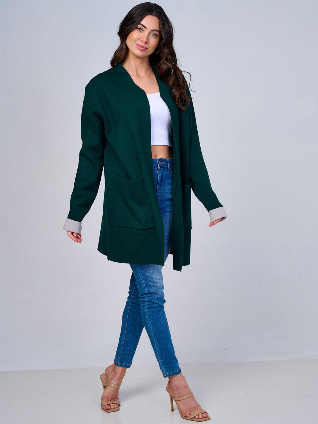 WOMEN'S LONG SLEEVE OPEN FRONT POCKETS CARDIGAN