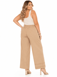 PLUS SIZE BUTTON CLOSURE ELASTIC EMBROIDERY WAIST FRONT POCKETS WIDE LEG PANTS