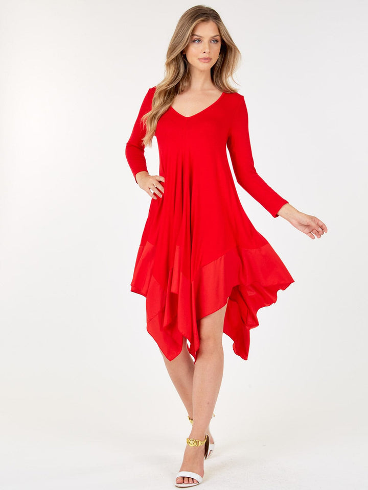 WOMEN'S LONG SLEEVE V-NECK TUNIC HIGH LOW MIDI DRESS