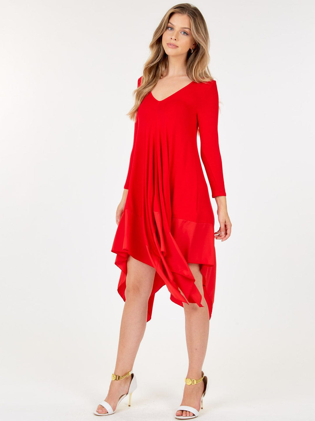 WOMEN'S LONG SLEEVE V-NECK TUNIC HIGH LOW MIDI DRESS