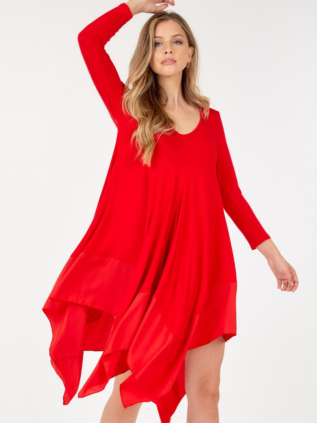WOMEN'S LONG SLEEVE V-NECK TUNIC HIGH LOW MIDI DRESS