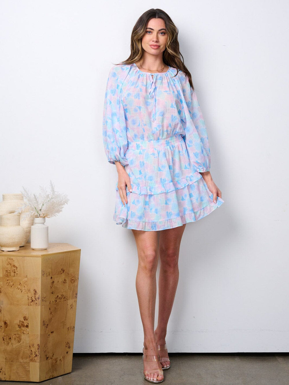WOMEN'S LONG PUFF SLEEVE FLORAL SMOCK WAIST MINI DRESS