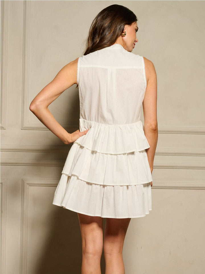 WOMEN'S SLEEVELESS BUTTON UP RUFFLE TIERED MINI DRESS