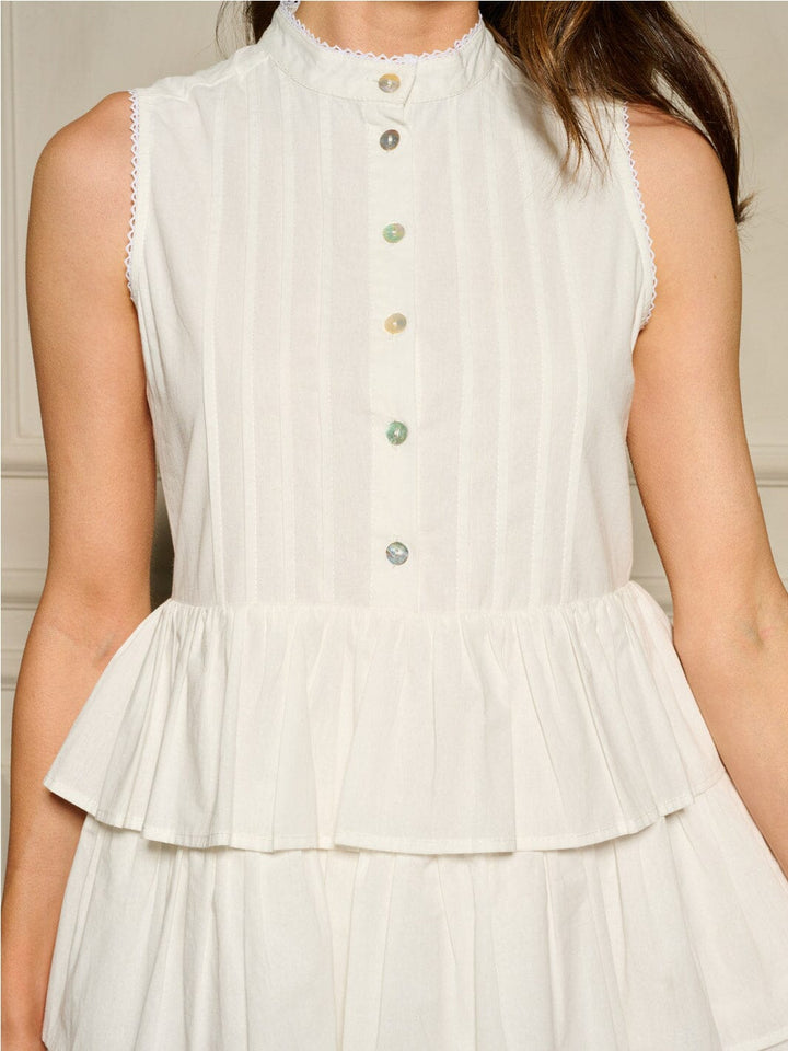 WOMEN'S SLEEVELESS BUTTON UP RUFFLE TIERED MINI DRESS