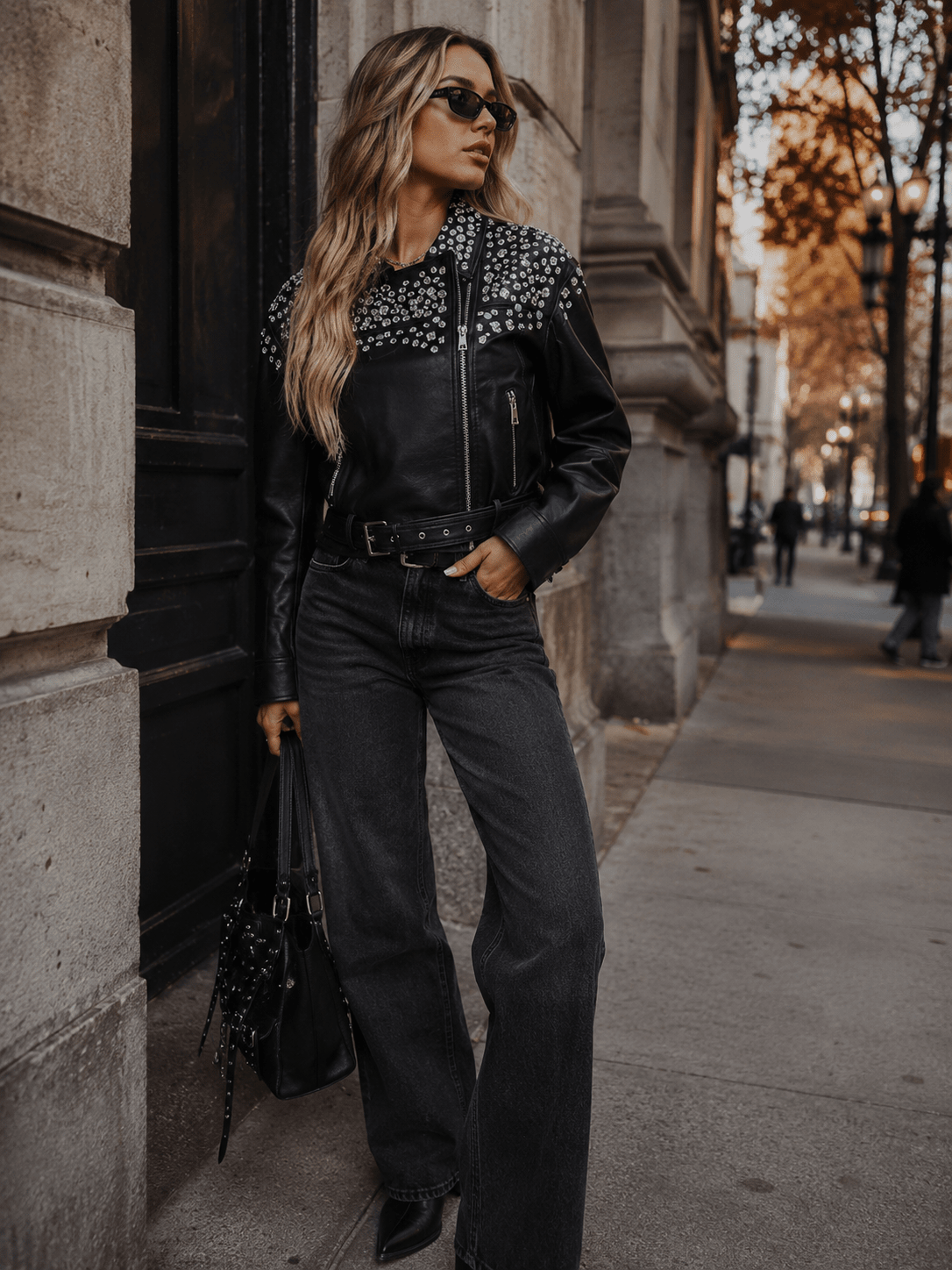 WOMEN'S LONG SLEEVE ZIP UP POCKETS BELTED PU PLEATHER STUDS JACKET (Copy)