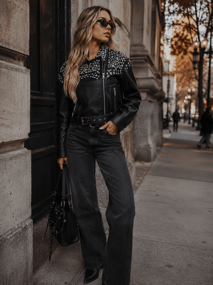 WOMEN'S LONG SLEEVE ZIP UP POCKETS BELTED PU PLEATHER STUDS JACKET (Copy)
