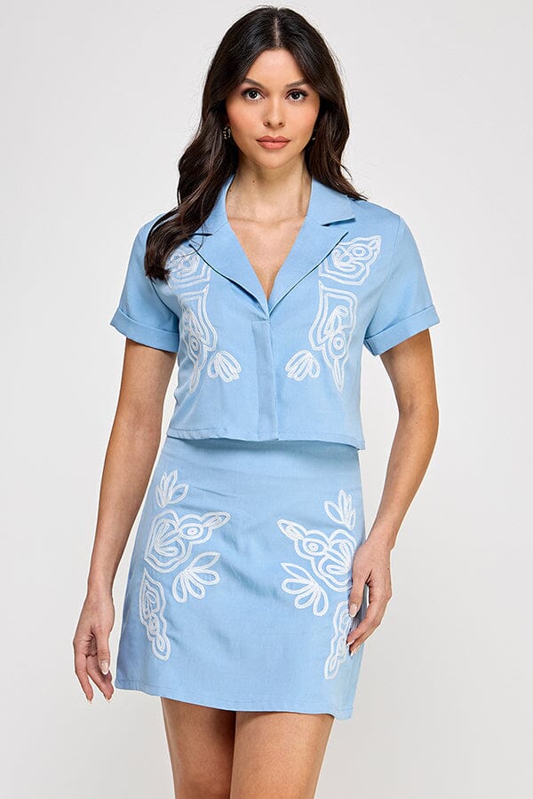 *****WOMEN'S SHORT SLEEVE BUTTON UP BLOUSE & ZIP UP MINI SKIRTS EMBROIDERY 2PC. SET