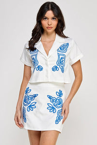 *****WOMEN'S SHORT SLEEVE BUTTON UP BLOUSE & ZIP UP MINI SKIRTS EMBROIDERY 2PC. SET