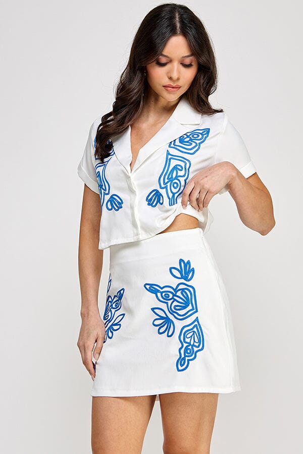*****WOMEN'S SHORT SLEEVE BUTTON UP BLOUSE & ZIP UP MINI SKIRTS EMBROIDERY 2PC. SET