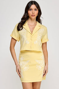 *****WOMEN'S SHORT SLEEVE BUTTON UP BLOUSE & ZIP UP MINI SKIRTS EMBROIDERY 2PC. SET