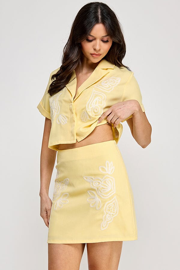 *****WOMEN'S SHORT SLEEVE BUTTON UP BLOUSE & ZIP UP MINI SKIRTS EMBROIDERY 2PC. SET