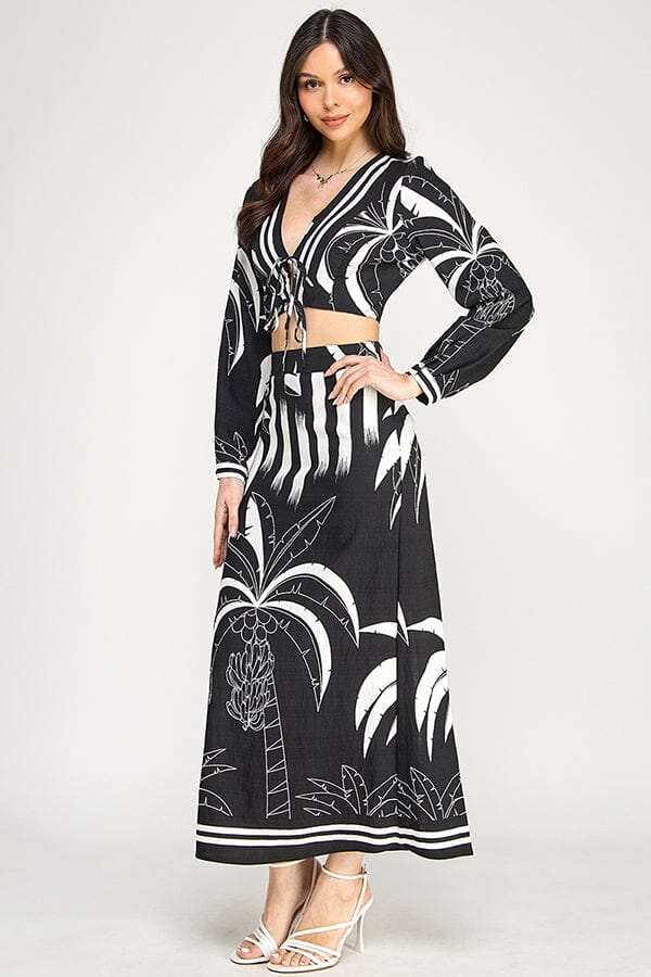 WOMEN'S LONG SLEEVE CROP TOP & ELASTIC WAIST MAXI SKIRTS PRINT 2PC. SET