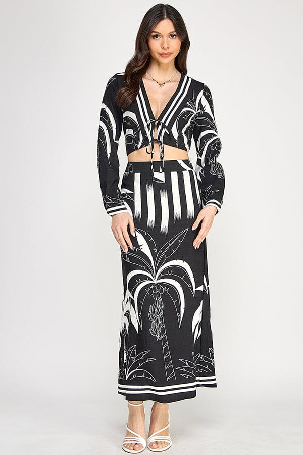 WOMEN'S LONG SLEEVE CROP TOP & ELASTIC WAIST MAXI SKIRTS PRINT 2PC. SET