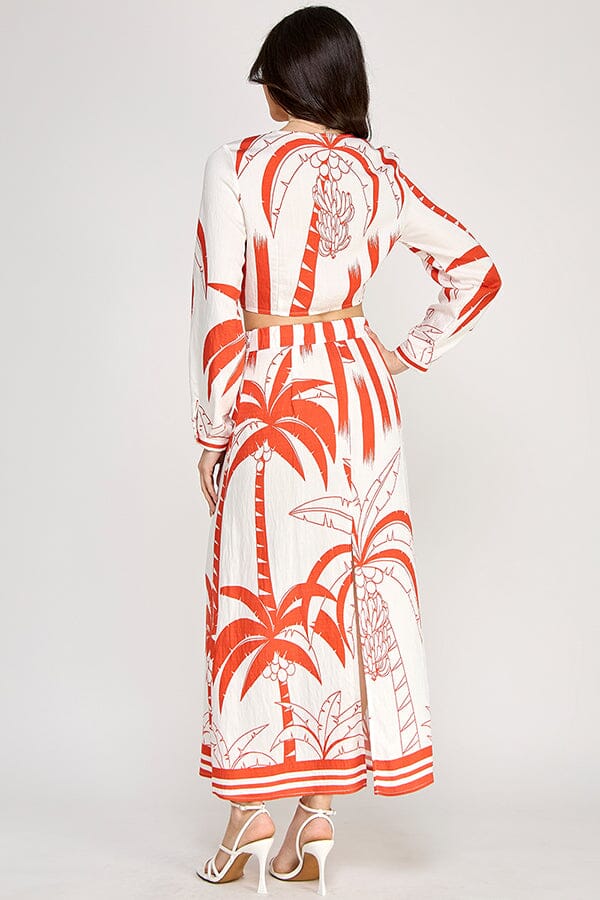WOMEN'S LONG SLEEVE CROP TOP & ELASTIC WAIST MAXI SKIRTS PRINT 2PC. SET