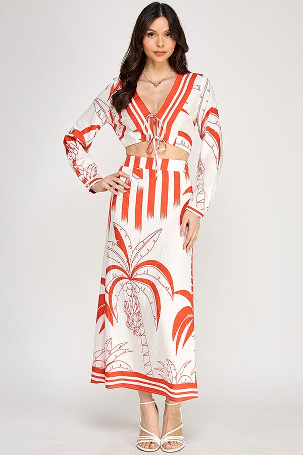 WOMEN'S LONG SLEEVE CROP TOP & ELASTIC WAIST MAXI SKIRTS PRINT 2PC. SET