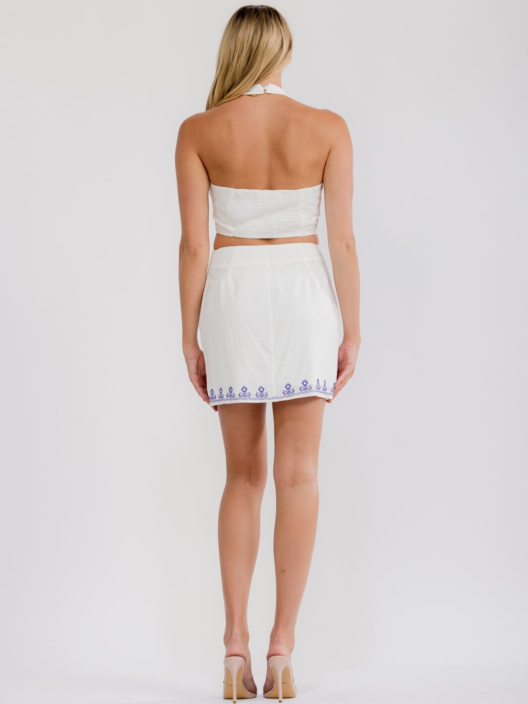WOMEN'S HALTER NECK TOP & ZIP UP MINI SKIRT FLOWER EMBROIDERY 2PC. SET