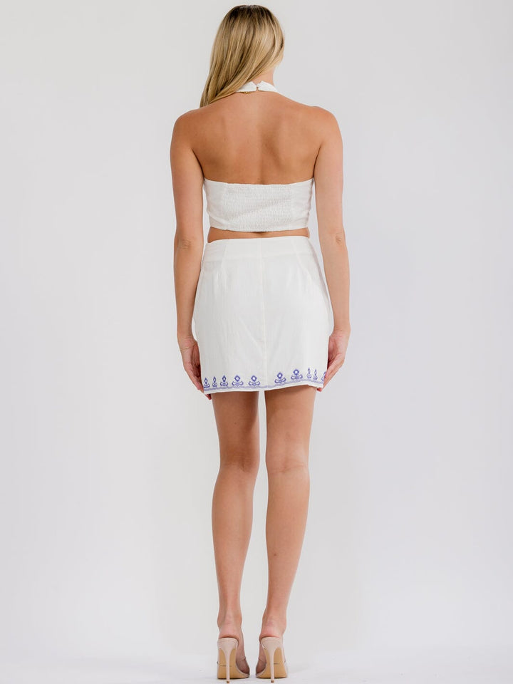 WOMEN'S HALTER NECK TOP & ZIP UP MINI SKIRT FLOWER EMBROIDERY 2PC. SET