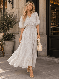 WOMEN'S SHORT SLEEVE SURPLICE SMOCK WAIST PRINT MAXI DRESS