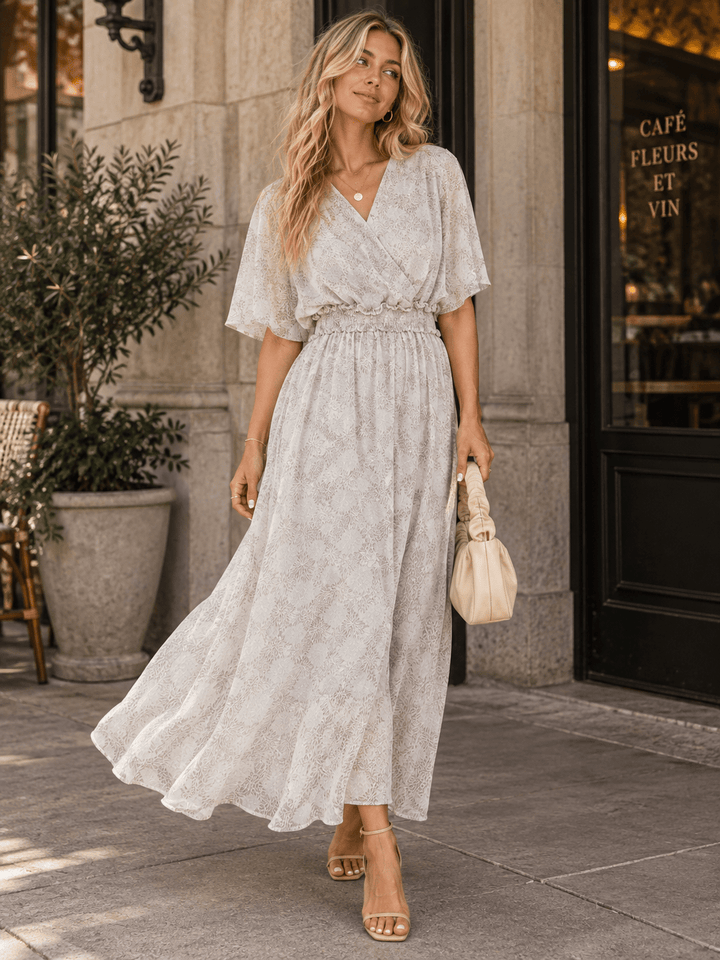 WOMEN'S SHORT SLEEVE SURPLICE SMOCK WAIST PRINT MAXI DRESS