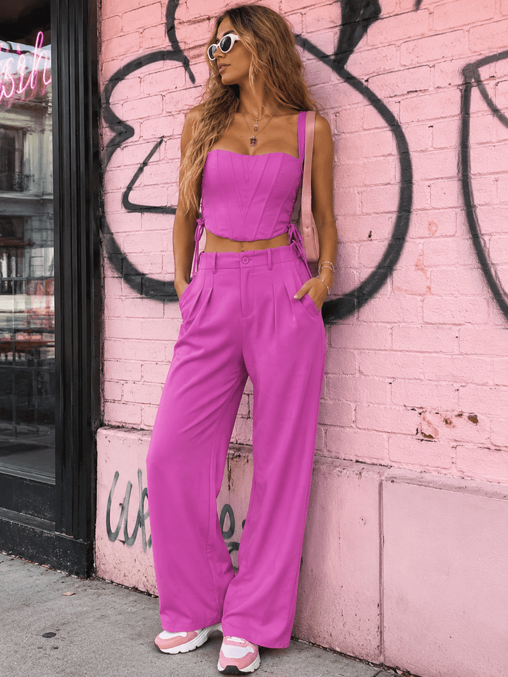 WOMEN'S SLEEVELESS LACE UP CROP TOP & BUTTON CLOSURE PANTS SOLID 2PC. SET