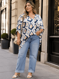 PLUS SIZE SHORT SLEEVE V-NECK MULTI PRINT TUNIC BLOUSE