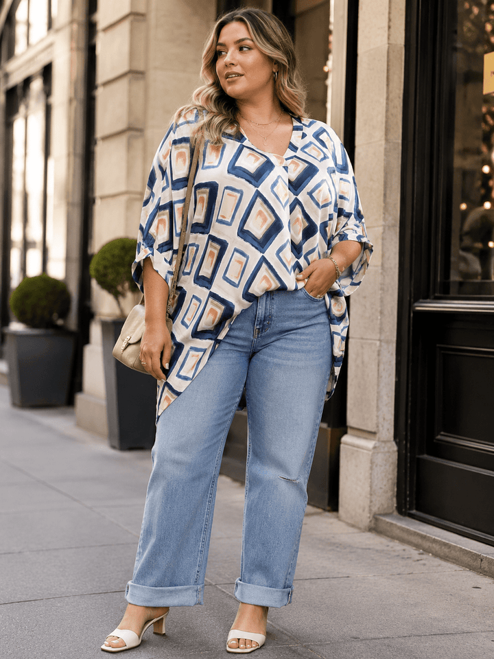 PLUS SIZE SHORT SLEEVE V-NECK MULTI PRINT TUNIC BLOUSE